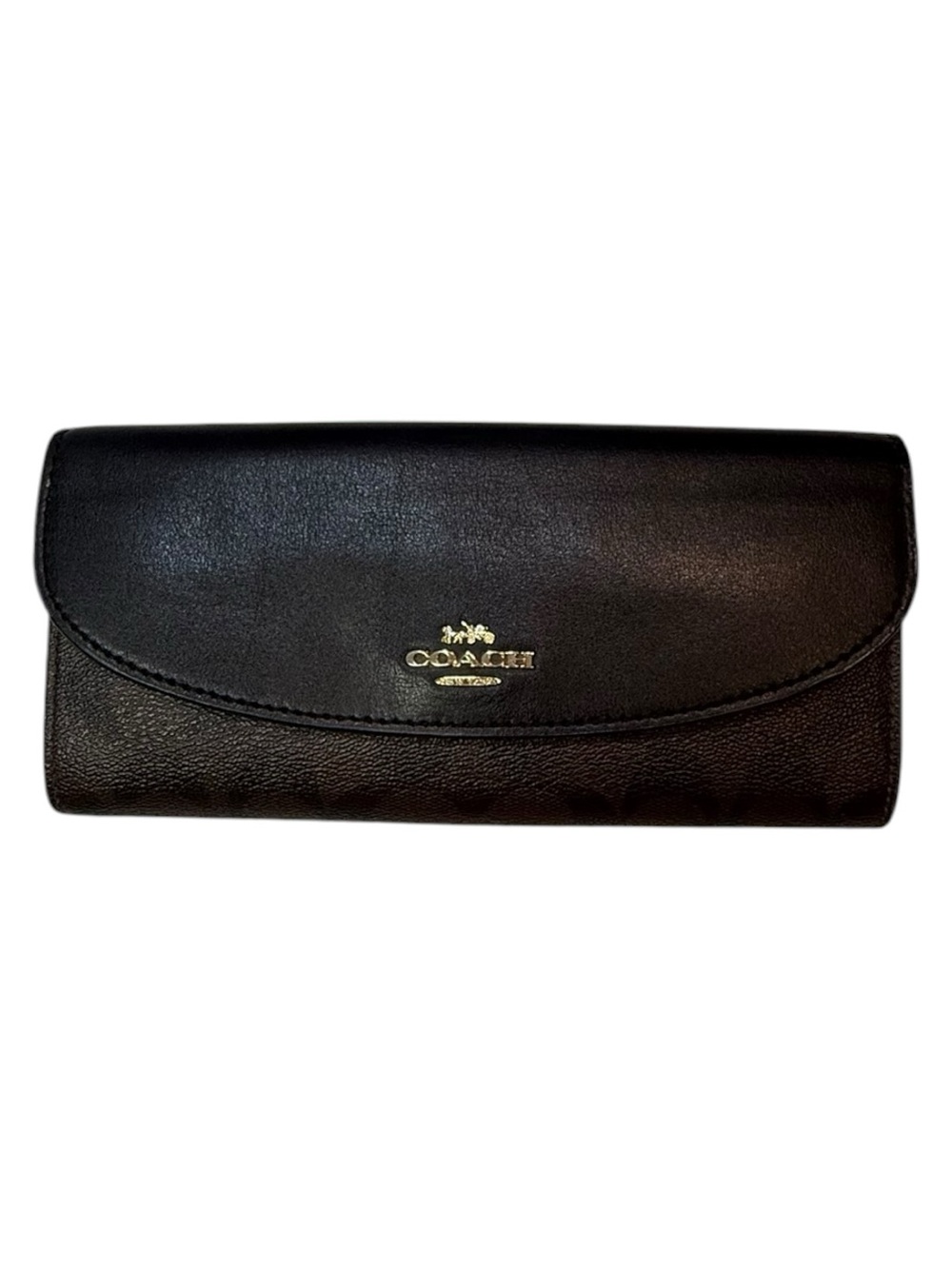 Coach Black Leather with Brown/Black Logo Continental Wallet with Gold Logo